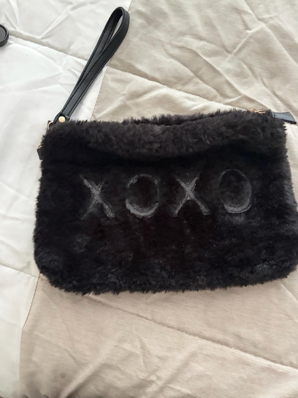 XOXO Black Fur Wristlet Clutch with Embroidered Logo